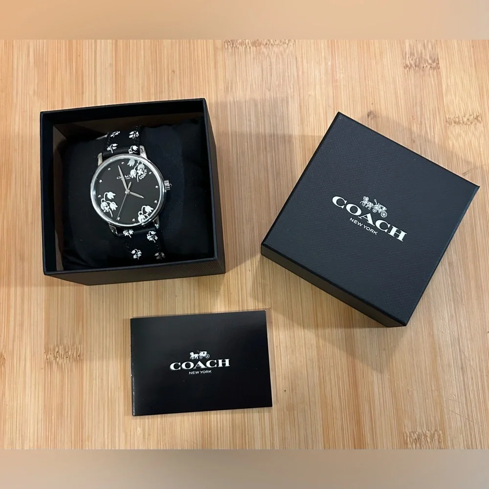 Coach Grand Floral Watch With 36mm Face & Black Leather Band